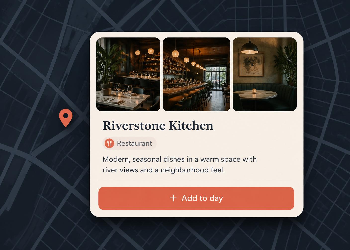 A POI overlay floating on a stylized map with photos, type and an Add to day button.